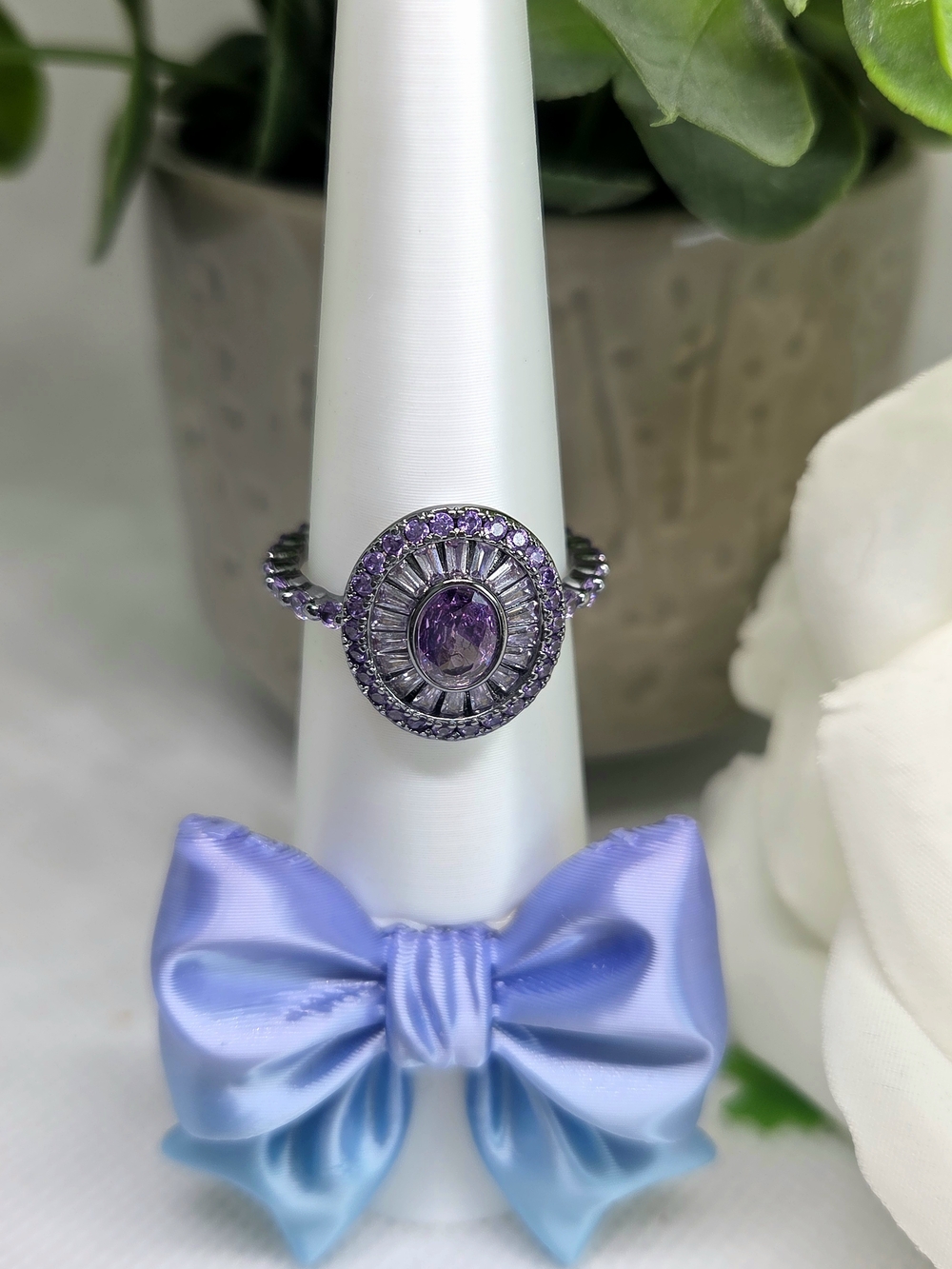 BP Amethyst CZ Halo Oval Ring On Hematite Plating